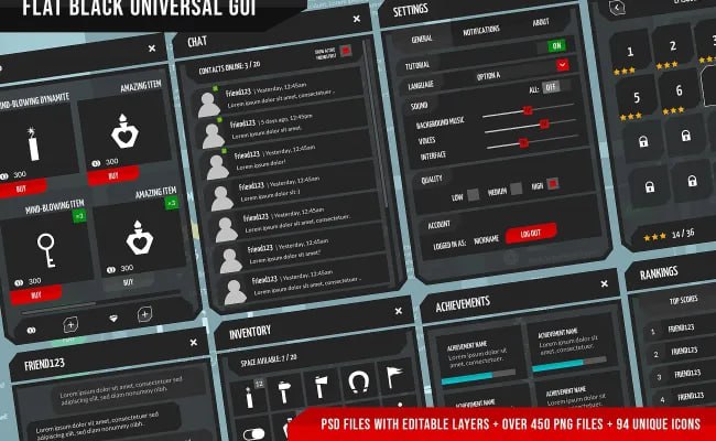 Flat black universal GUI, 4k UI Kit - over 400 PNG files!📱